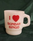 Vintage I Love Sunday Bingo Anchor Hocking Fire King  Milk Glass Coffee Mug Cup
