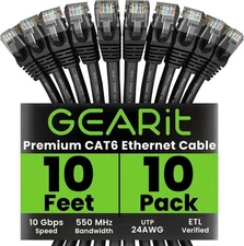 Pack 10 cables red Cat6 10ft negros, RJ45 10Gbps con conectores dorados