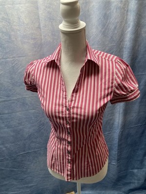 Express Women s XS Pink And White Striped Button Down Shirt Short Sleeves Preppy