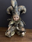 Vintage Porcelain Jester Clown Doll Mardi Gras Harlequin Gold Black Costume