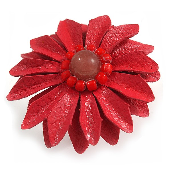 Red Leather Daisy Flower Ring - 40mm D - Adjustable