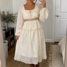 Cottage Prairie Boho Midi Dress Cream Sequin Embroidered Jeweled Waist vtg