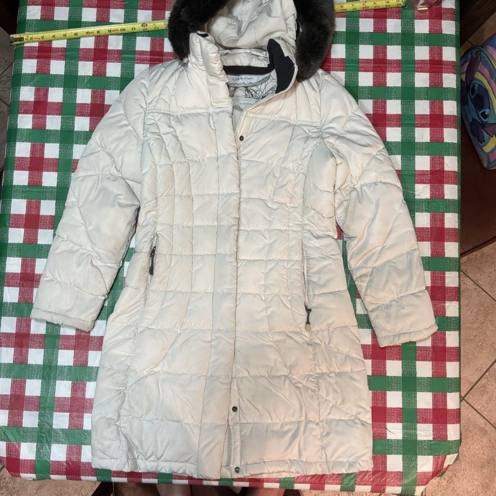 Calvin Klein Off White Long Winter Jacket Faux Fur Hood Cozy Size Small