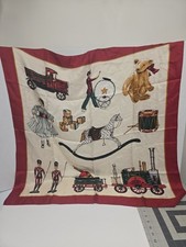Echo Vintage Silk Scarf Toy Print Teddy Bear Train Rocking Horse Red Large