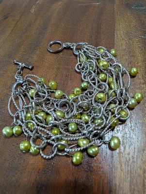 Artisan Multi Strand Silver Tone Chain Bracelet Green Faux Pearl Toggle Statemen