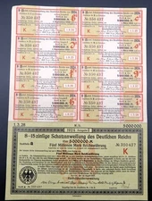 Germany 1924 Anleihe Treasury Loan Deutschen 5,000,000 Mark All Coupons Bond