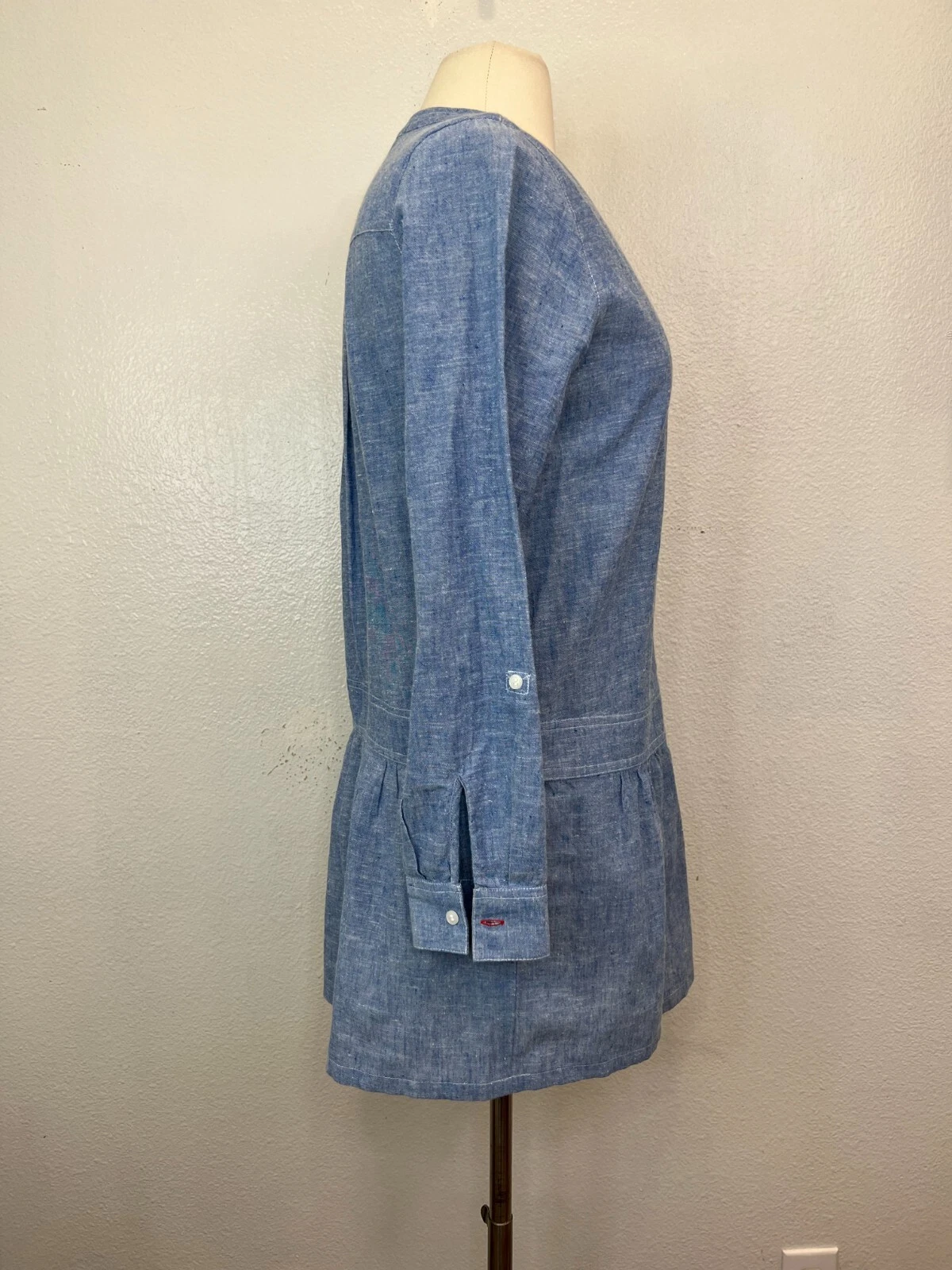 Abito Camicia Morbido Joie Amiri Cotone Lino Chambray Bottoni Peplum Taglia XS