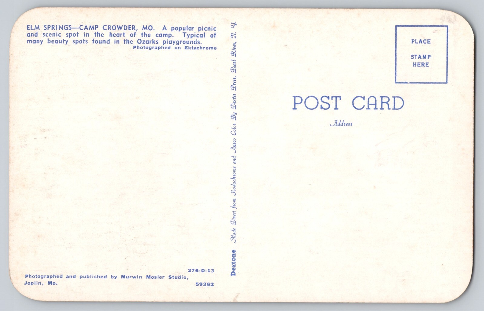 Postcard Missouri Ozarks Elm Springs Camp Crowder Unposted Vintage eBay