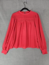 Gap Womens Large Sheer Shirt Blouse Red Long Sleeve Mockneck Embroidery