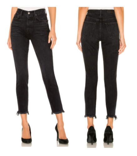 GRLFRND KAROLINA High Rise Crop Skinny Jeans 27 Black Frayed Hem Button Fly NEW
