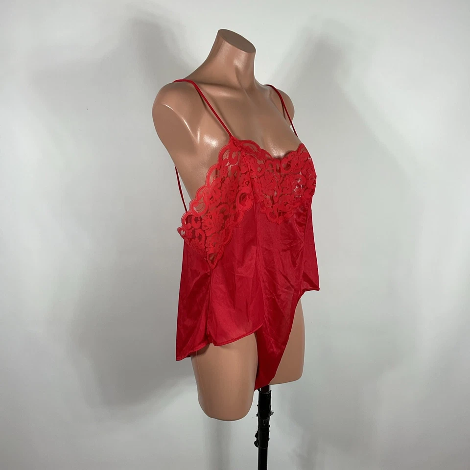 De Colección Años 90 Ropa Encubierta L Rojo Encaje Nylon Teddie Mameluco Lencería Peluche Body Foto 3 de 4