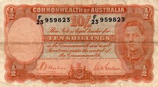 1939 Australia R12 Ten Shillings  Sheehan/McFarlane gF SERIAL NUMBER F/23 959823
