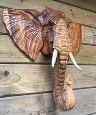 50 cm Wand Bild Deko Akazie Holz Elefant Elefanten Kopf Maske Relief