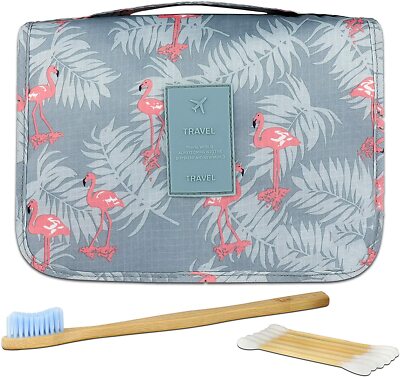 Hanging Toiletry Wash Bag Travel Organiser Bamboo Toothbrush Cotton Bud  FLAMINGO UK