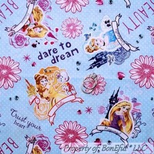 BonEful Fabric Cotton Quilt Blue White Pink Rose Flower Disney Princess MS SCRAP