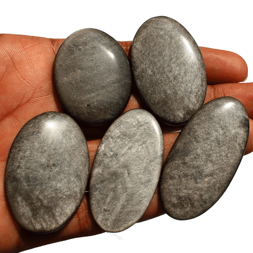 5 Pcs Natural Silver Sheen Obsidian Top Quality 39-50mm Oval Cabochon Gemstones - Picture 4 of 12