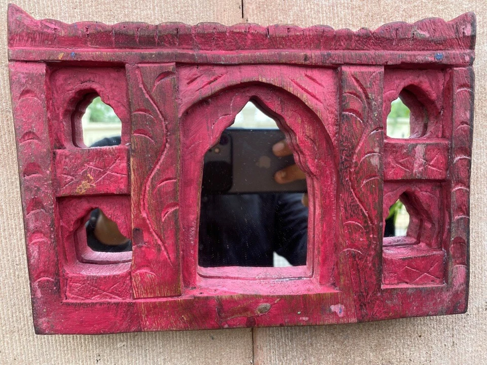 Antiguo marco de pared espejo diseño castillo arco pintado rosa tallado a mano tallado a mano  Foto 2 de 4