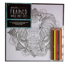 Art 101 Gallery Framed Wall Art Set 12X12" Elephant w/ 8 Premium Colored Pencils