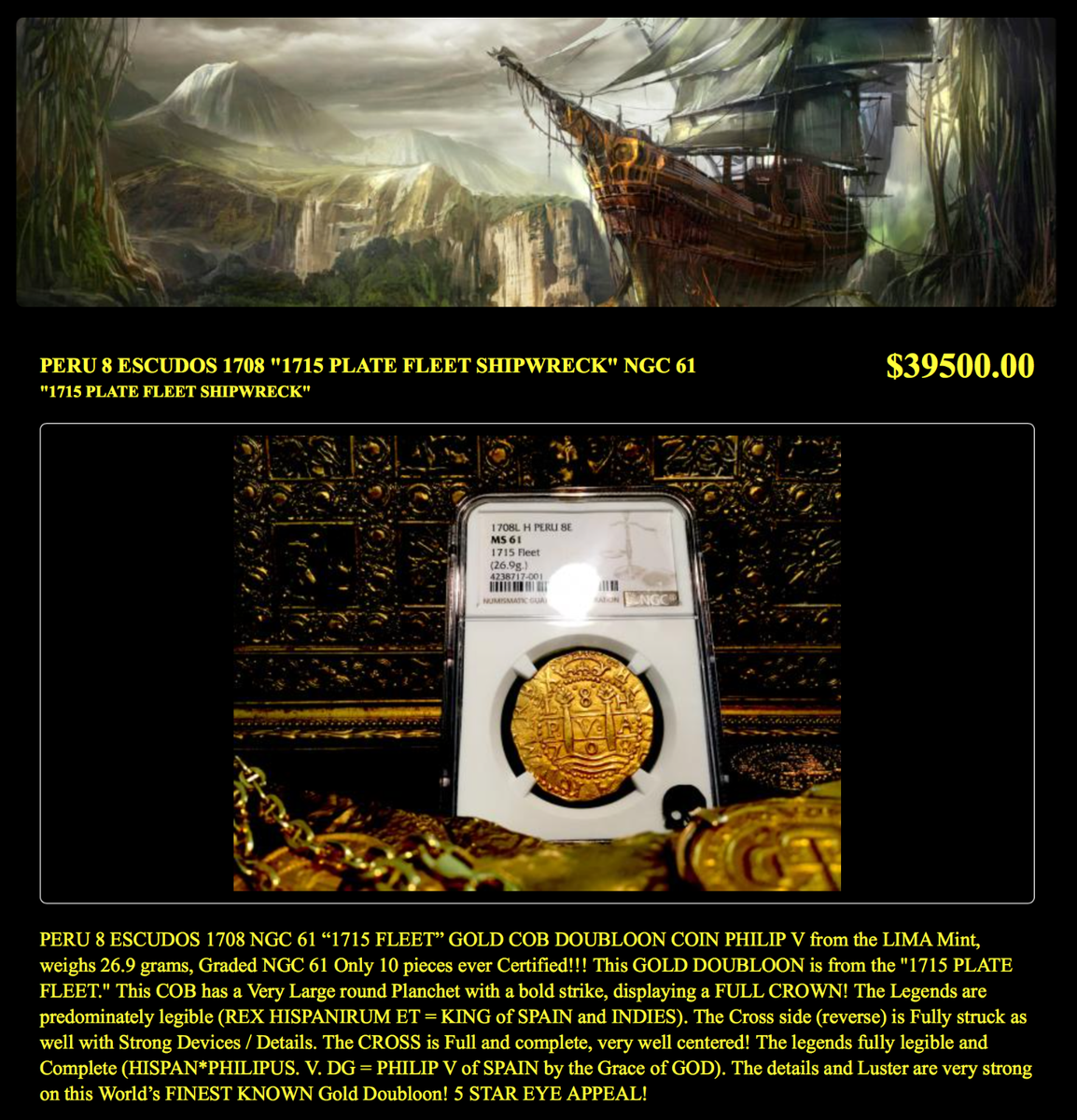 PERU 1708 8 ESCUDOS NGC 61 1715 FLEET PIRATE GOLD COINS SHIPWRECK