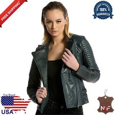 Women's Blue Lambskin Soft Real Leather Jacket Motorcycle Slim Fit Biker Jacket