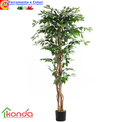 Pianta Artificiale Ficus DAKU 120cm Con 1670 Foglie E Tronco Naturale - Verde E Bianco