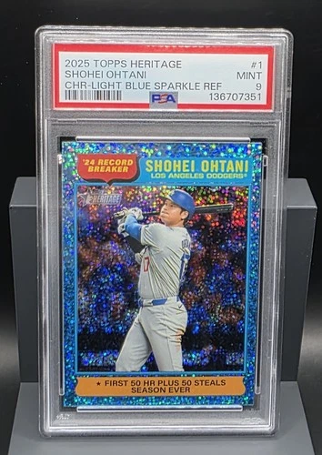 Shohei Ohtani Chrome Light Blue Sparkle Refractor #1 2025 Topps Heritage PSA 9
