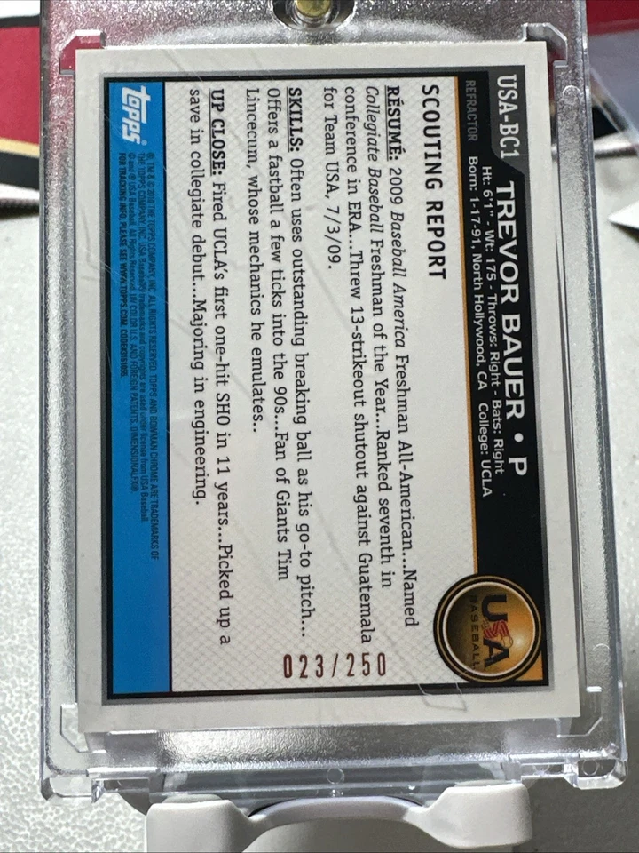 2010 Bowman Chrome - команда США Тревор Бауэр #USA-BC1 синий переливающийся /250 (RC) - Изображение 2 из 2