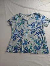 Karen Scott Womens M Short Sleeve Tropical Leaf Henley Top Blue Teal 10113