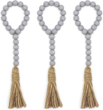 Wood Bead Garland with Tassels 3 PCS Farmhouse Rustic Wooden Prayer Beads String