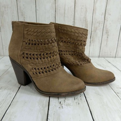Fergalicious Women's Tan Suede Woven Cutout Block Heel Ankle Boots Size 7M
