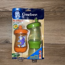 Vtg 2pk Gerber Sippy Snacker Spill Proof Cups w/ Snack Base Green Orange NOS NEW