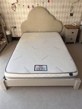 Grey Painted Low Small Double 4ft Bed With Upholstered Cloud Headboard Mattress