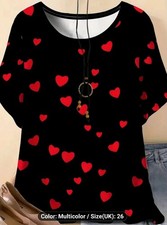 Temu Stretch Jersey Black & Red Heart Print Short Sleeve T-Shirt Top Sze 26 5XL