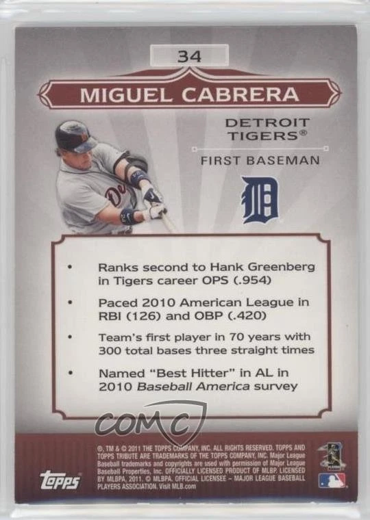 2011 Topps Tribute Gold /50 Miguel Cabrera #34 - Image 2 of 2
