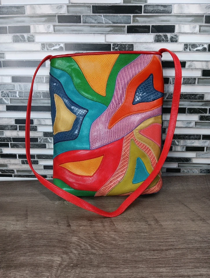 Vintage 80s 90s Sharif Shoulder Handbag Crossbody Patchwork Reptile Lizard  Red - Image 2 of 4