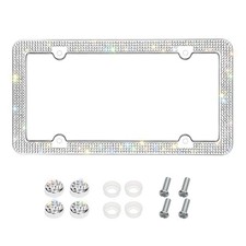 Bling License Plate Frame, Handcrafted 4 Rows Shiny Rhinestones Stainless Ste...