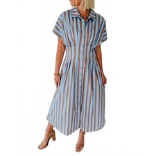 THML Cora Vertical Striped Midi Shirt Dress Blue, Tan Sz L Coastal Grandmother