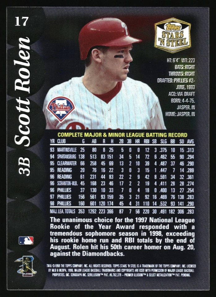 1998 Topps Stars 'n Steel - Scott Rolen #17 - Image 2 of 2