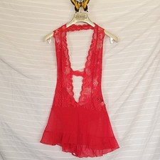FREDERICK'S OF HOLLYWOOD RED Vintage Lace Halter Teddy Bodysuit Sz M Barbiecore