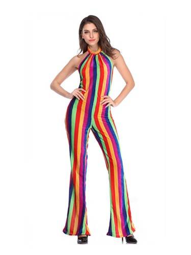 W-M3-1 70s Women's Rainbow Rave Disco Queen Jumpsuit Retro Hippie Groovy Costume - Picture 7 of 11