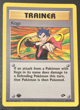 [long blue mark on back of card] Pokemon 1st edition Gym Challenge Koga Trainer