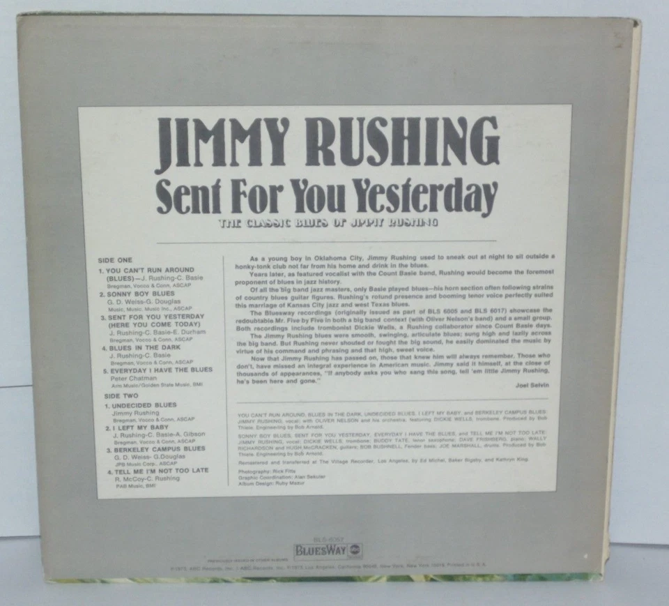JIMMY RUSHING Sent For You Yesterday LP Plays Well 1973 Bluesway BLS 6057  - Image 3 of 4