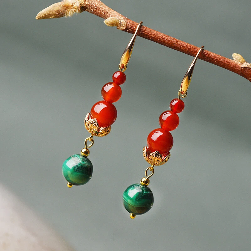 China Agate/Malachite Gild Tibetan Style Fashion Exquisite Earbob Earrings - Image 3 of 4