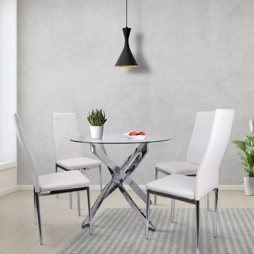 Kitchen Dining Set 5 Piece Dining Room Table and 4 Leather Chairs Glass Tabletop