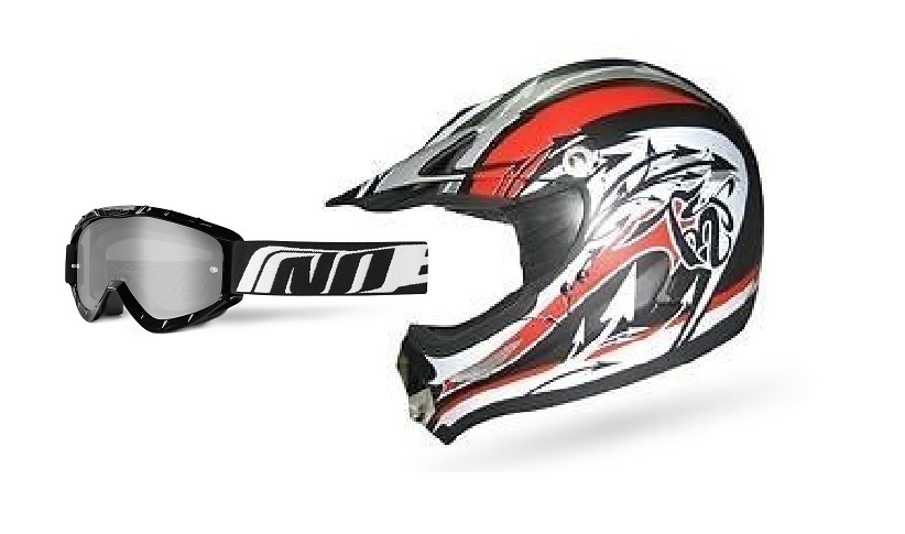 Casque Cross Noir Rouge Blanc Taille XL avec Lunettes Moto Homologué ECE