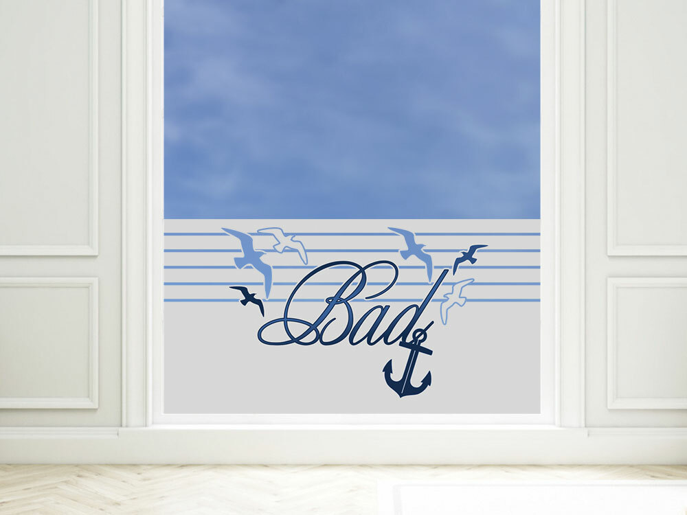 Sichschutzfolie maritim Bad, Fensterfolie Badezimmer Spruch Anker Möwen Streifen
