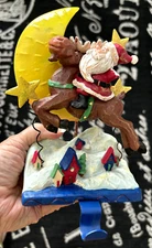Vtg Xmas SANTA Stocking Hanger Holder ORNAMENT Blue ROOF Tin MOON STARS HOOK XL