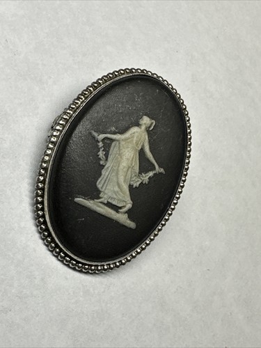 Pendentif Vintage Wedgwood 1971 - Argent 925 - Médaille Noire Sur Chaîne 20 Pouces - Poinçons Complets