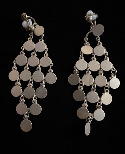 Vintage Chandelier Dangle Drop Tassel Goldtone Small Flat Disc Clip-On Earrings