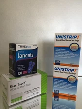 UNISTRIP Blood Glucose 100 Test Strips, 100 Alcohol Pads 100 Lancets EXP 11/2026